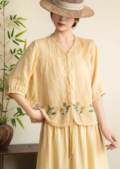 Women Navy V Neck Embroidered Linen Tops Summer