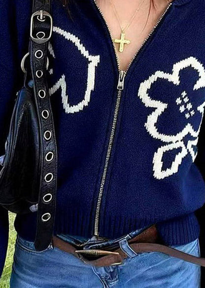 Women Navy Zip Up Floral Knit Loose Coat Spring