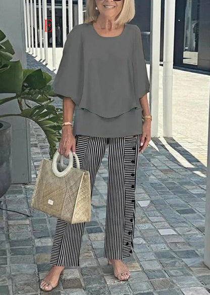 Women O Neck Print Loose Chiffon Two Pieces Set Summer
