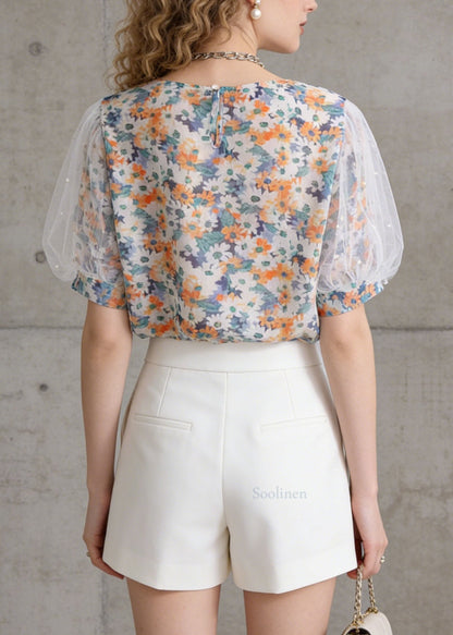 Women O-Neck Tulle Puff Sleeve Print Chiffon Top Summer