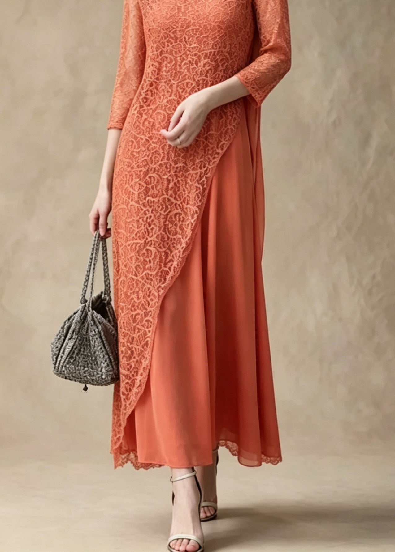 Women Orange Asymmetrical Lace Long Smock And Chiffon Dress 2 Piece Outfit Summer