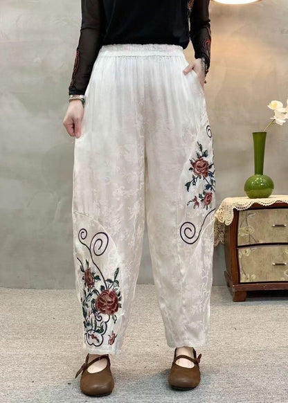 Women Orange Embroidered Jacquard Pockets Silk Harem Pants Spring
