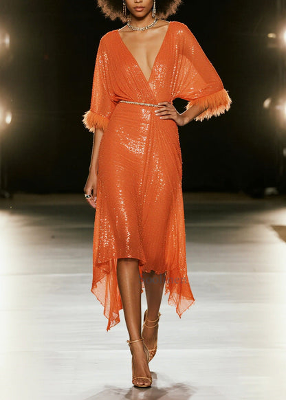 Women Orange Sequins Patchwork Faux Fur Vacation Dresses Summer