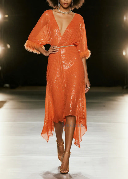 Women Orange Sequins Patchwork Faux Fur Vacation Dresses Summer