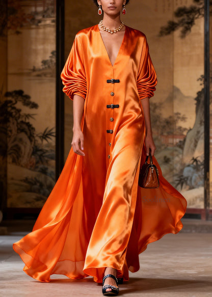 Women Orange V Neck Patchwork Silk Long Dresses Summer