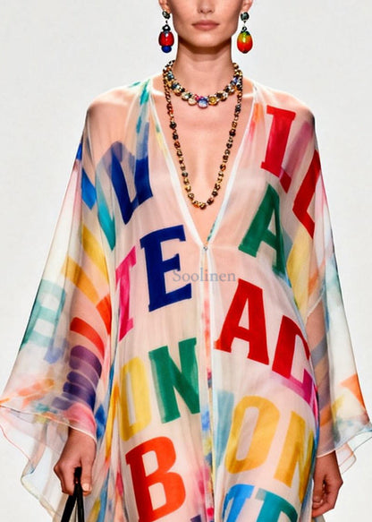 Women Oversized Letter Print Exra Large Hem Chiffon Beach Dress Summer