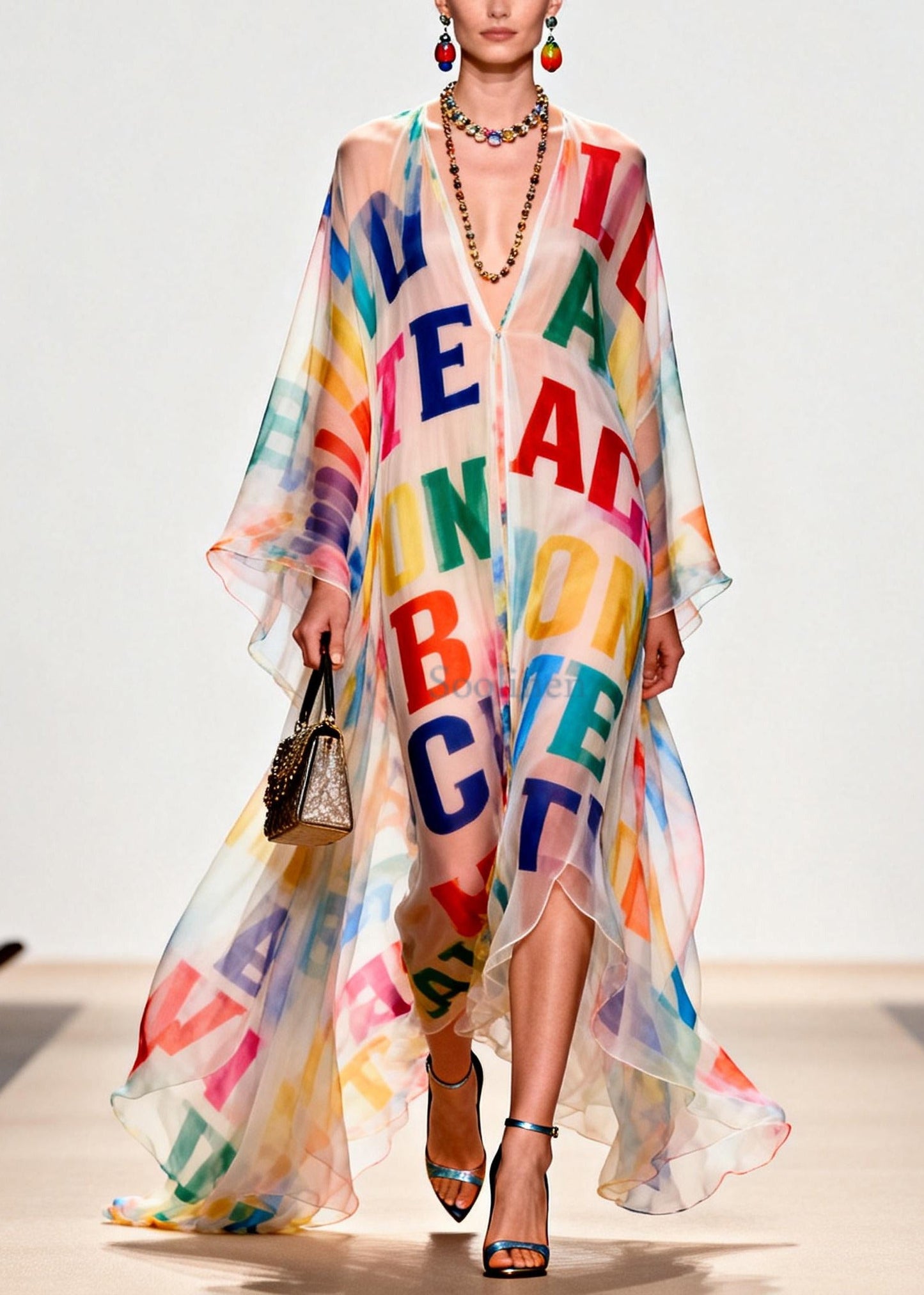 Women Oversized Letter Print Exra Large Hem Chiffon Beach Dress Summer