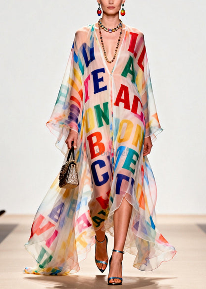 Women Oversized Letter Print Exra Large Hem Chiffon Beach Dress Summer