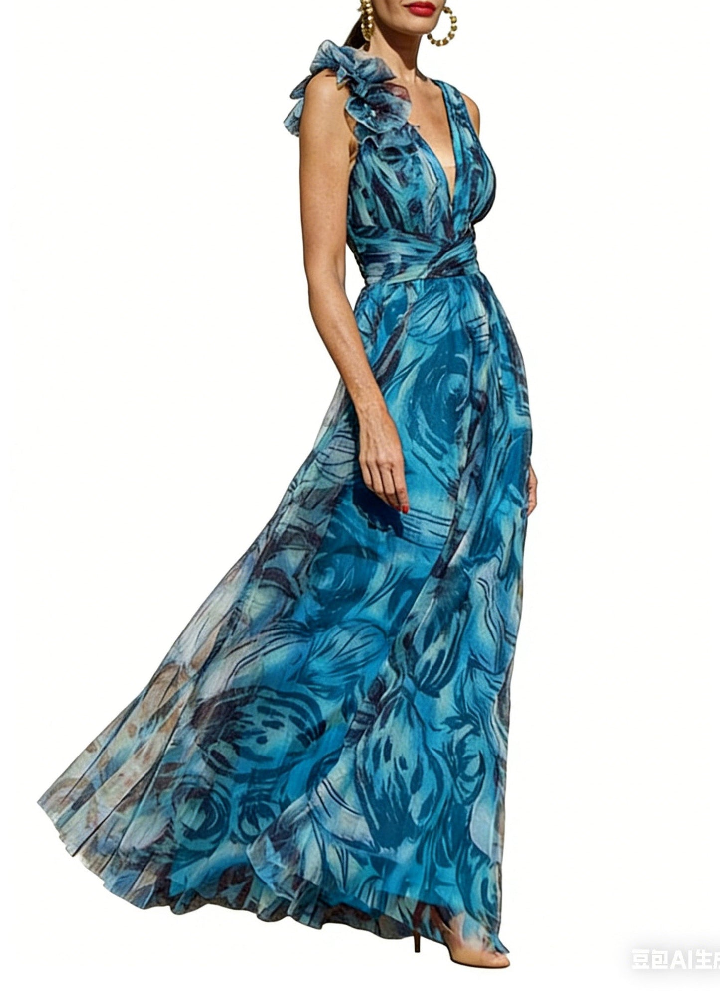 Women Peacock Blue O Neck Print Chiffon Holiday Dress Summer