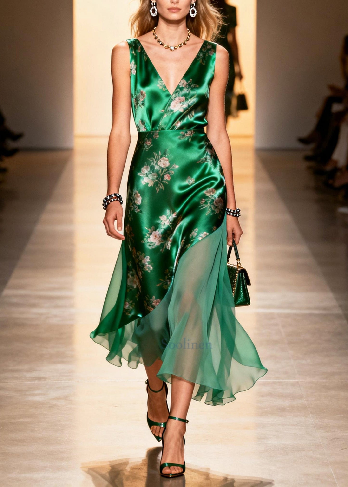 Women Peacock Green Print Patchwork Silk Cami Dresses Summer