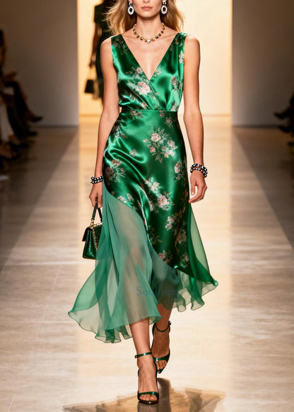 Women Peacock Green Print Patchwork Silk Cami Dresses Summer