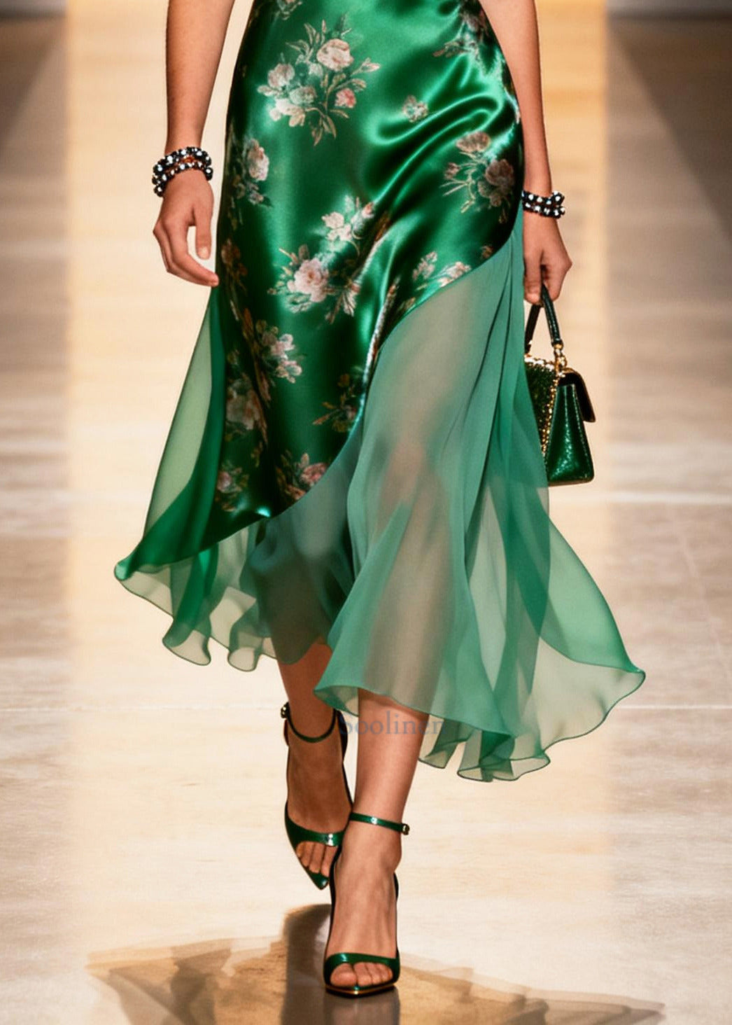 Women Peacock Green Print Patchwork Silk Cami Dresses Summer