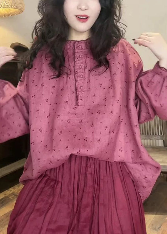 Women Pink Button Print Cotton Blouse Top Spring