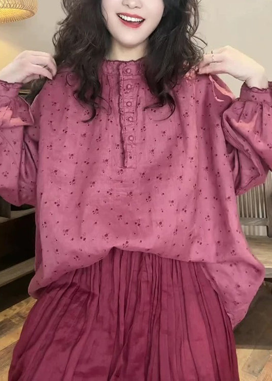 Women Pink Button Print Cotton Blouse Top Spring