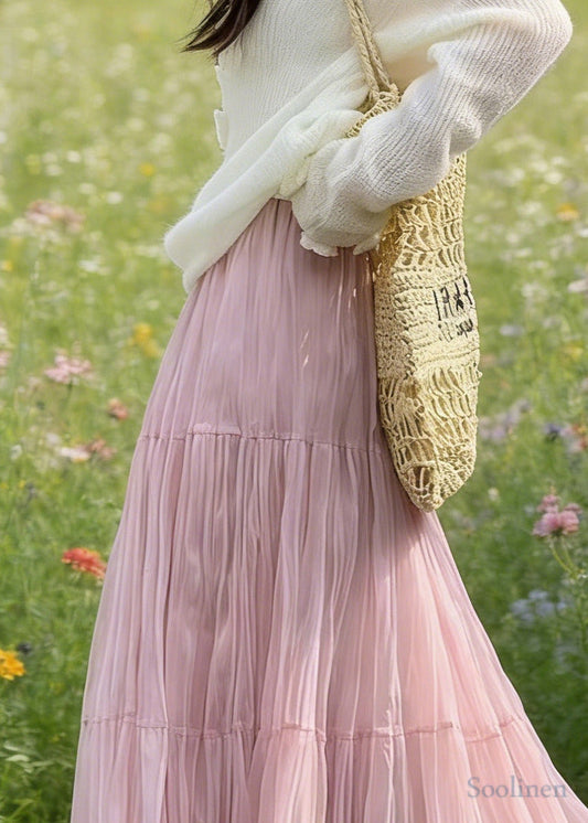 Women Pink Elastic Waist Exra Large Hem Tulle Skirts Spring