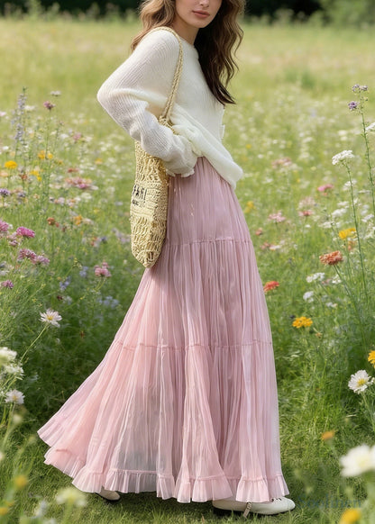 Women Pink Elastic Waist Exra Large Hem Tulle Skirts Spring