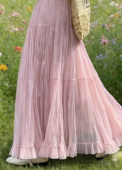 Women Pink Elastic Waist Exra Large Hem Tulle Skirts Spring