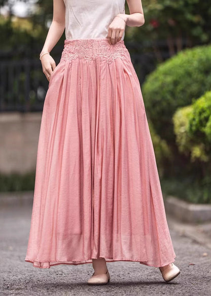 Women Pink High Waist Embroidered Wrinkled Linen Skirts Summer