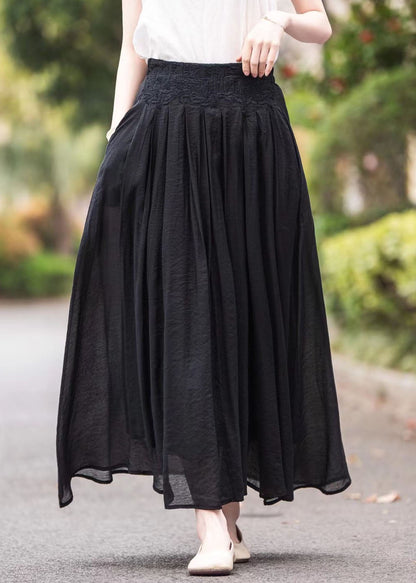 Women Pink High Waist Embroidered Wrinkled Linen Skirts Summer