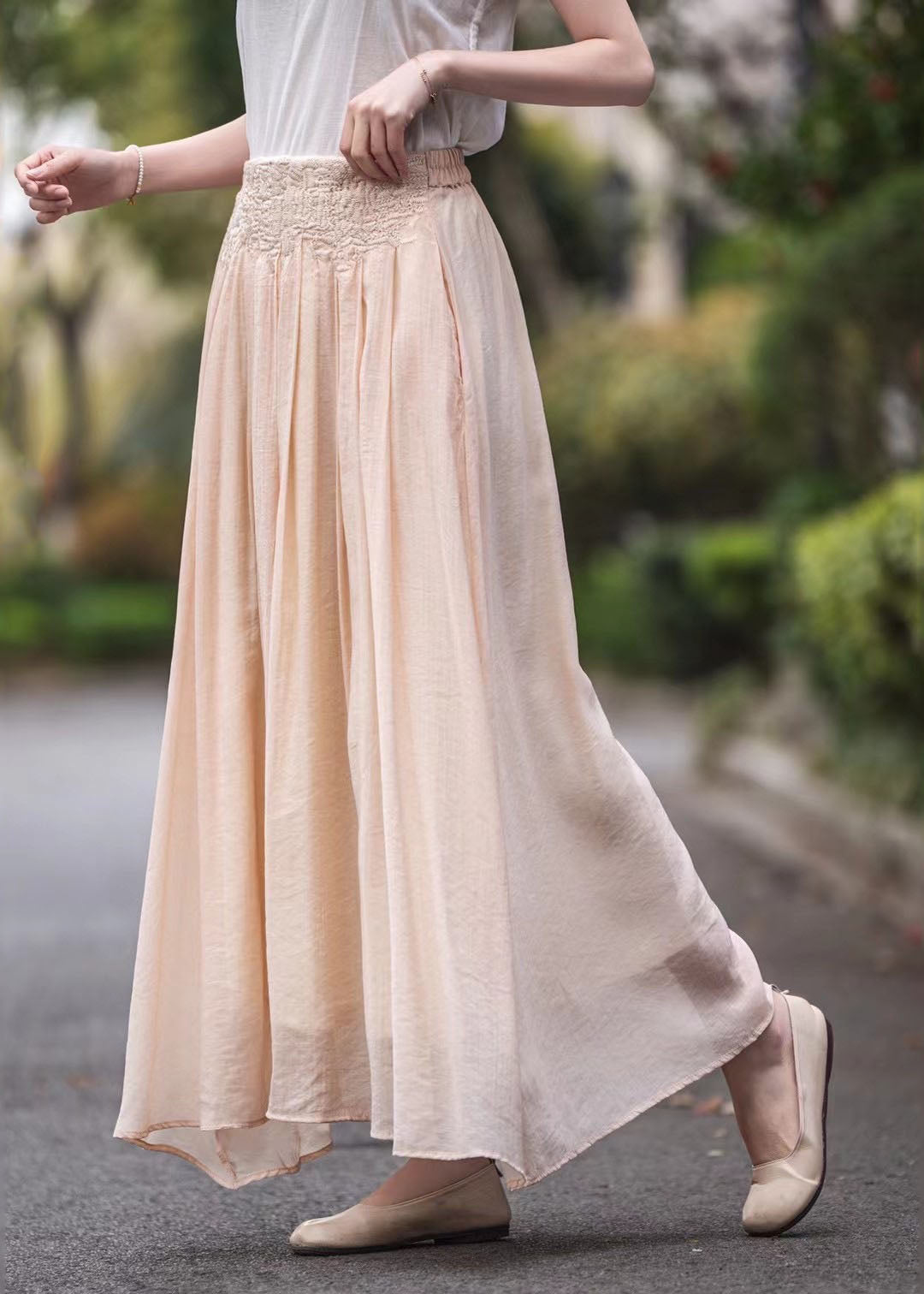 Women Pink High Waist Embroidered Wrinkled Linen Skirts Summer