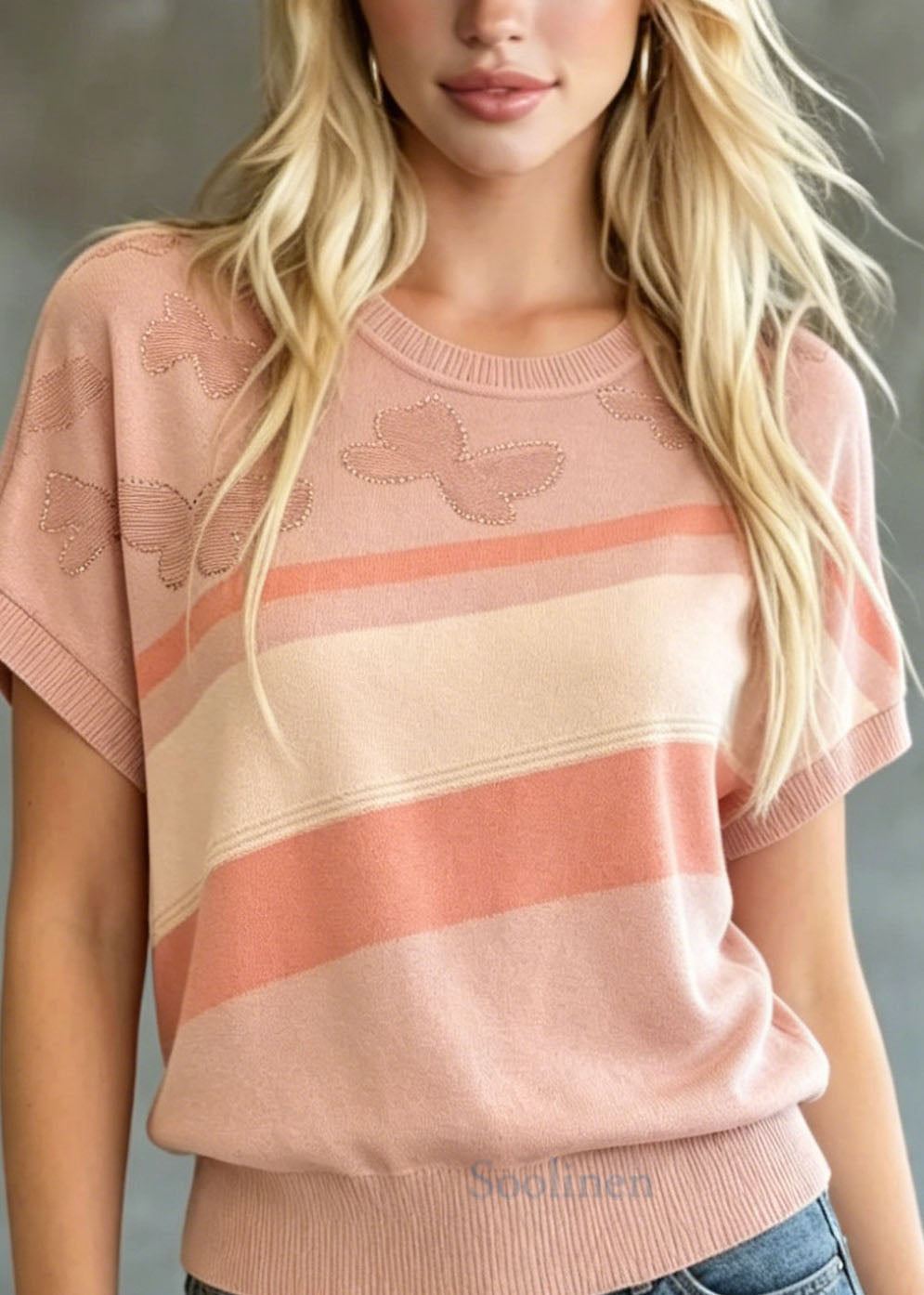 Women Pink O Neck Butterfly Zircon Knit T Shirts Summer
