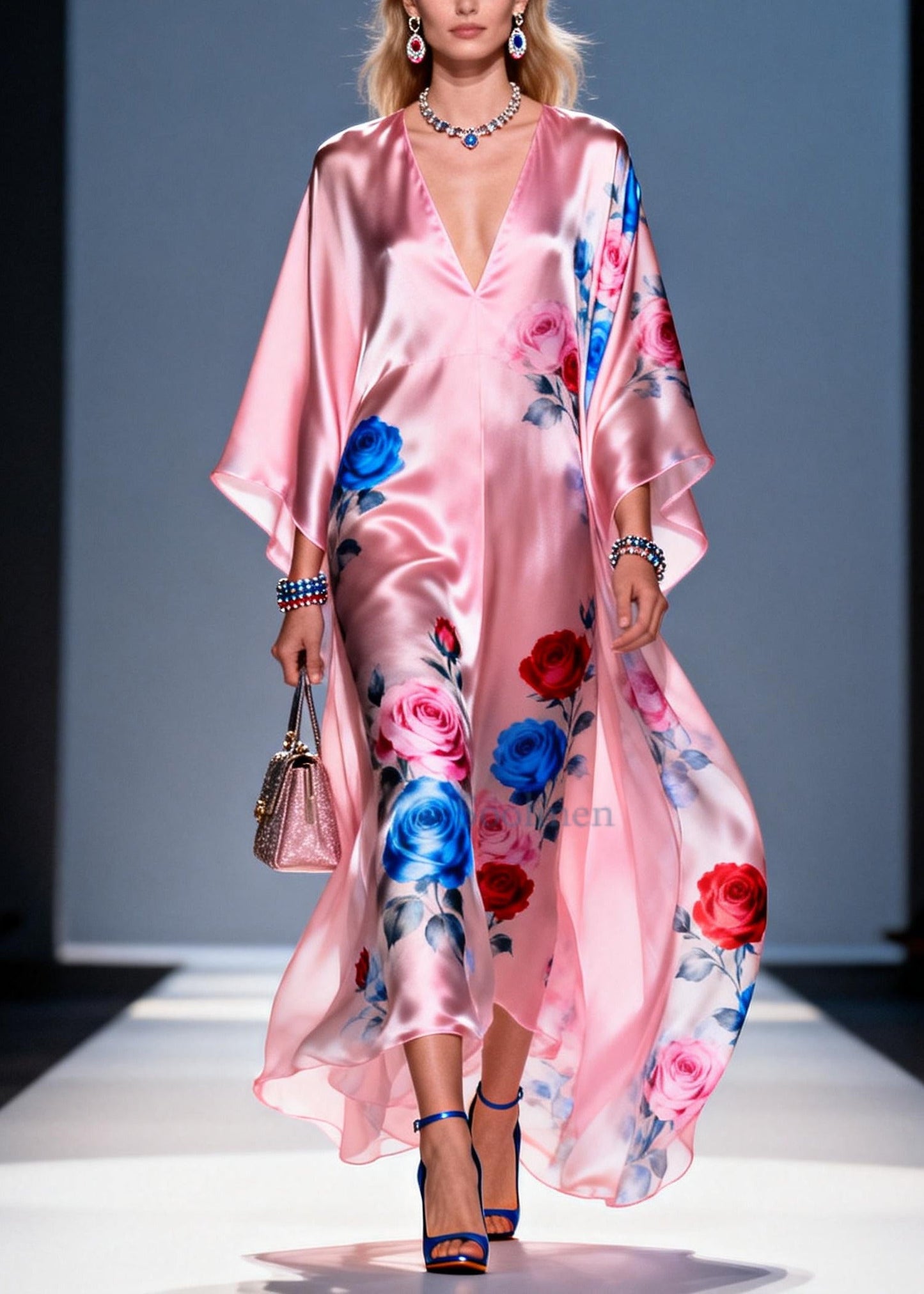 Women Pink Oversized Flower Print Chiffon Party Dress Summer