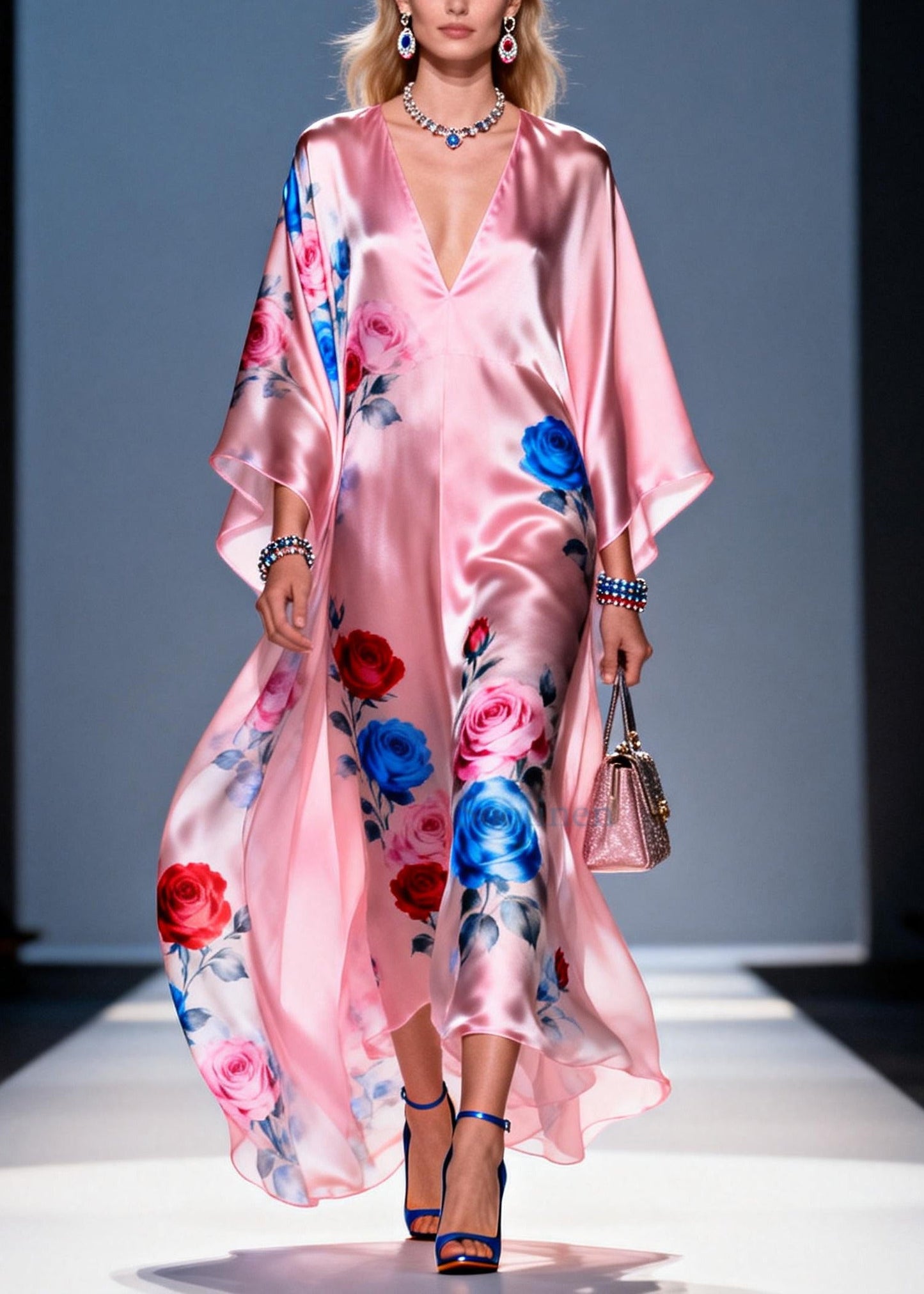 Women Pink Oversized Flower Print Chiffon Party Dress Summer