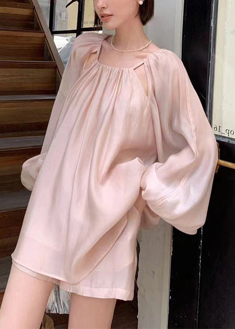 Women Pink Oversized Hollow Out Cotton Two Pieces Set Summer
