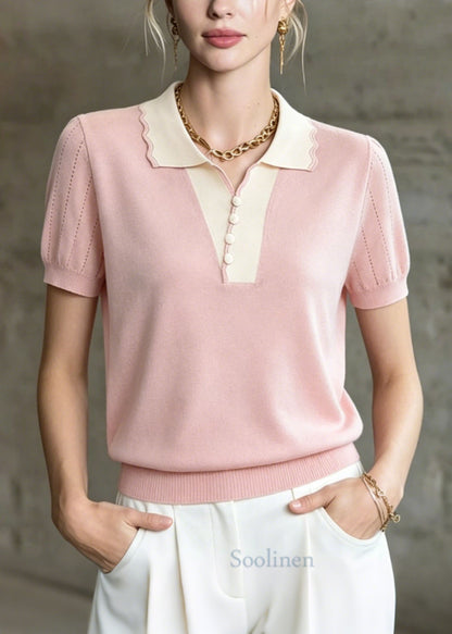 Women Pink Peter Pan Collar Patchwork Ice Silk Knit Tops Summer