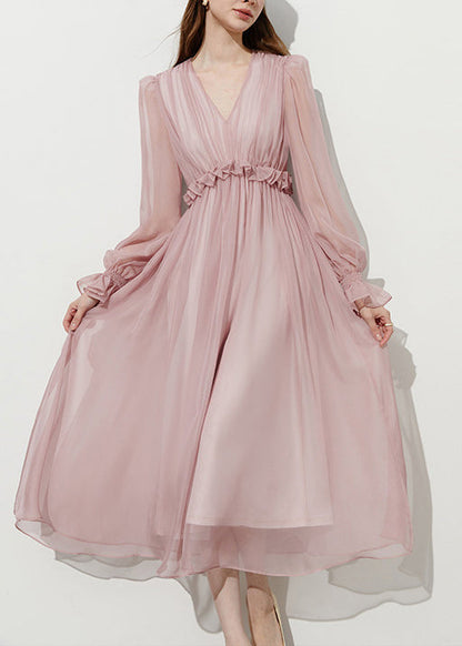 Women Pink Ruffled Chiffon Holiday Dress Summer
