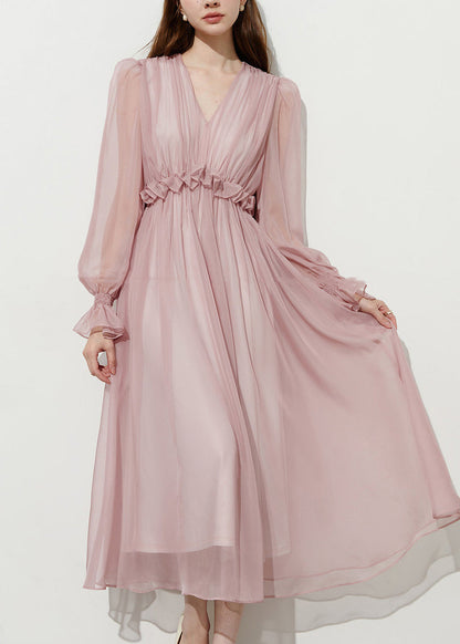 Women Pink Ruffled Chiffon Holiday Dress Summer
