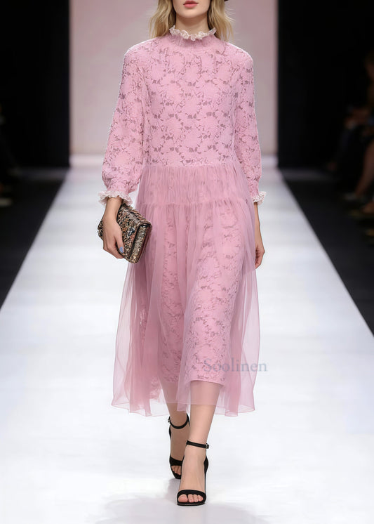 Women Pink Ruffled Patchwork Tulle Party Dress Spring