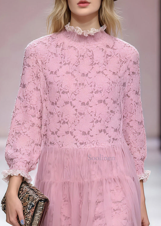Women Pink Ruffled Patchwork Tulle Party Dress Spring