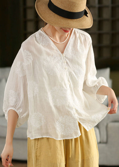 Women Pink V Neck Embroidered Linen Shirt Top Lantern Sleeve