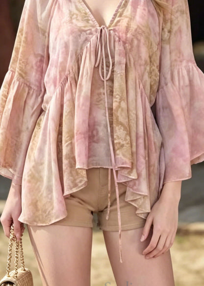 Women Pink V Neck Print Chiffon Blouse Top Flare Sleeve