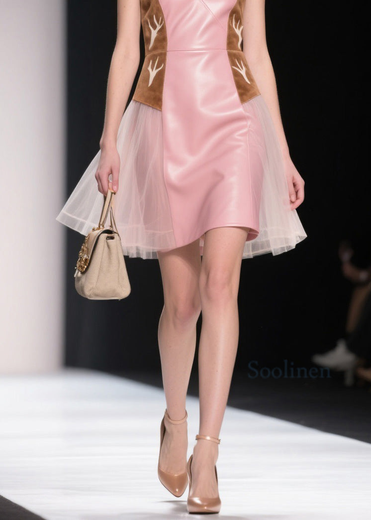 Women Pink V Neck Tulle Patchwork Faux Leather Dresses Summer