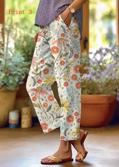 Women Pockets Print Drawstring High Waist Cotton Pants Summer