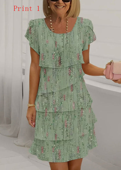 Women Print O Neck Ruffled Patchwork Chiffon Dress Summer