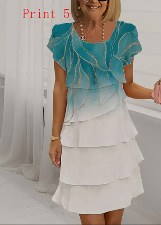 Women Print O Neck Ruffled Patchwork Chiffon Dress Summer