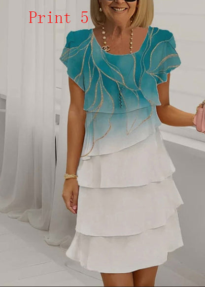 Women Print O Neck Ruffled Patchwork Chiffon Dress Summer