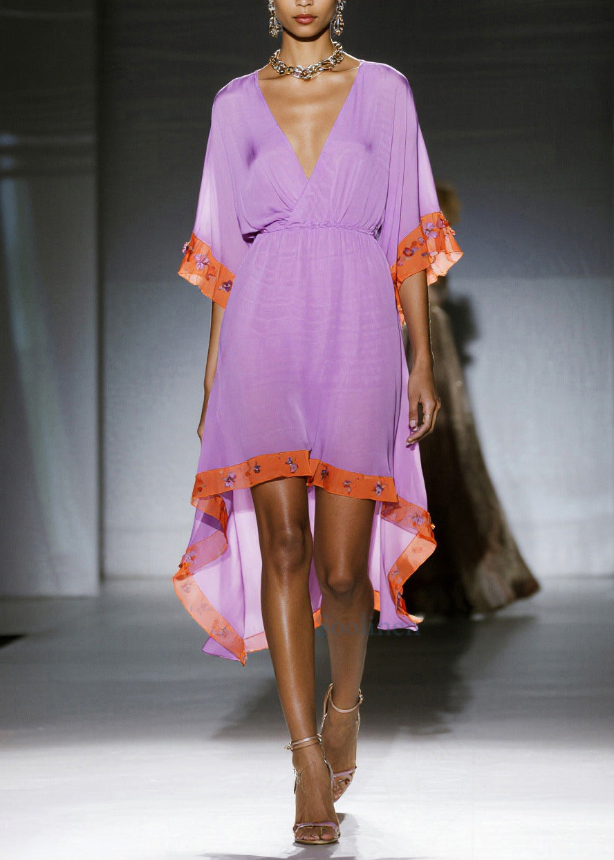 Women Purple Asymmetrical Patchwork Chiffon Dress Summer