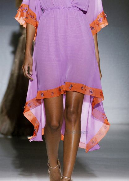 Women Purple Asymmetrical Patchwork Chiffon Dress Summer