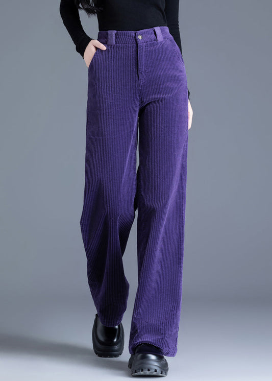 Women Purple Pockets High Waist Corduroy Straight Pants Spring