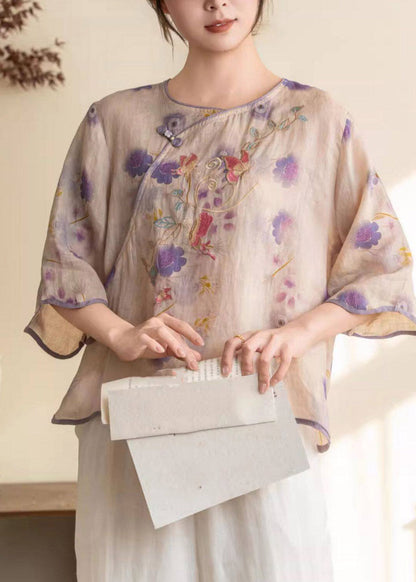 Women Purple Print Button Linen Shirt Summer