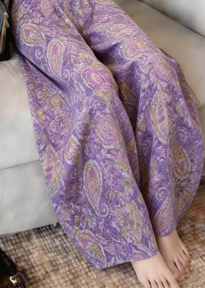 Women Purple Print Wide Leg Pants Summer
