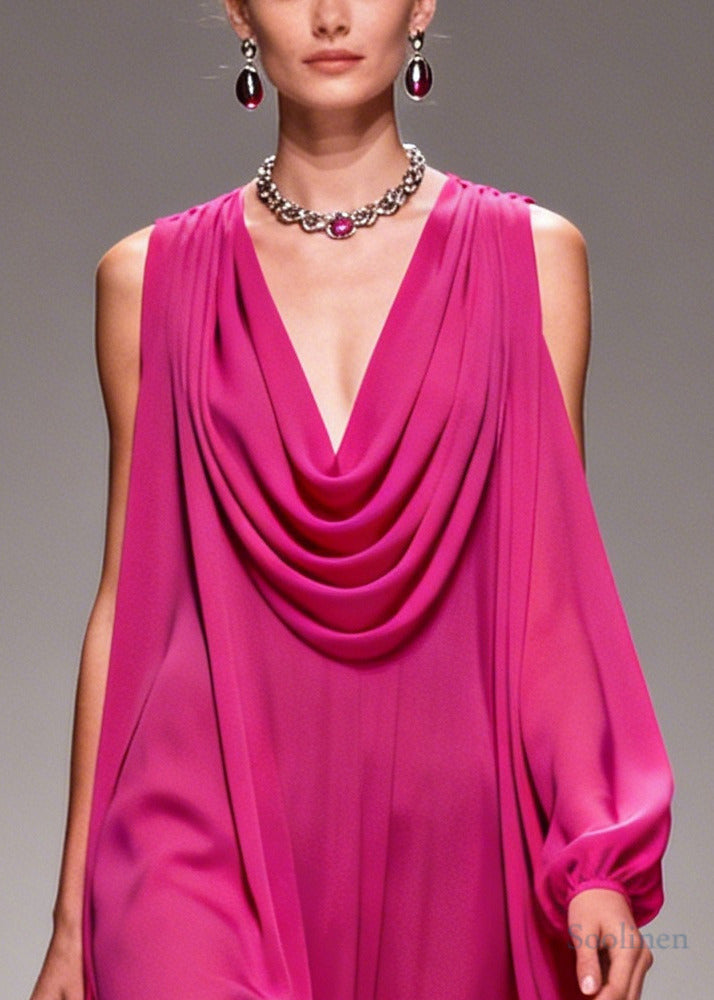 Women Purple Turtle Neck Floral Chiffon Vacation Dresses Summer