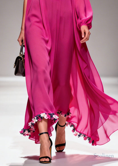 Women Purple Turtle Neck Floral Chiffon Vacation Dresses Summer