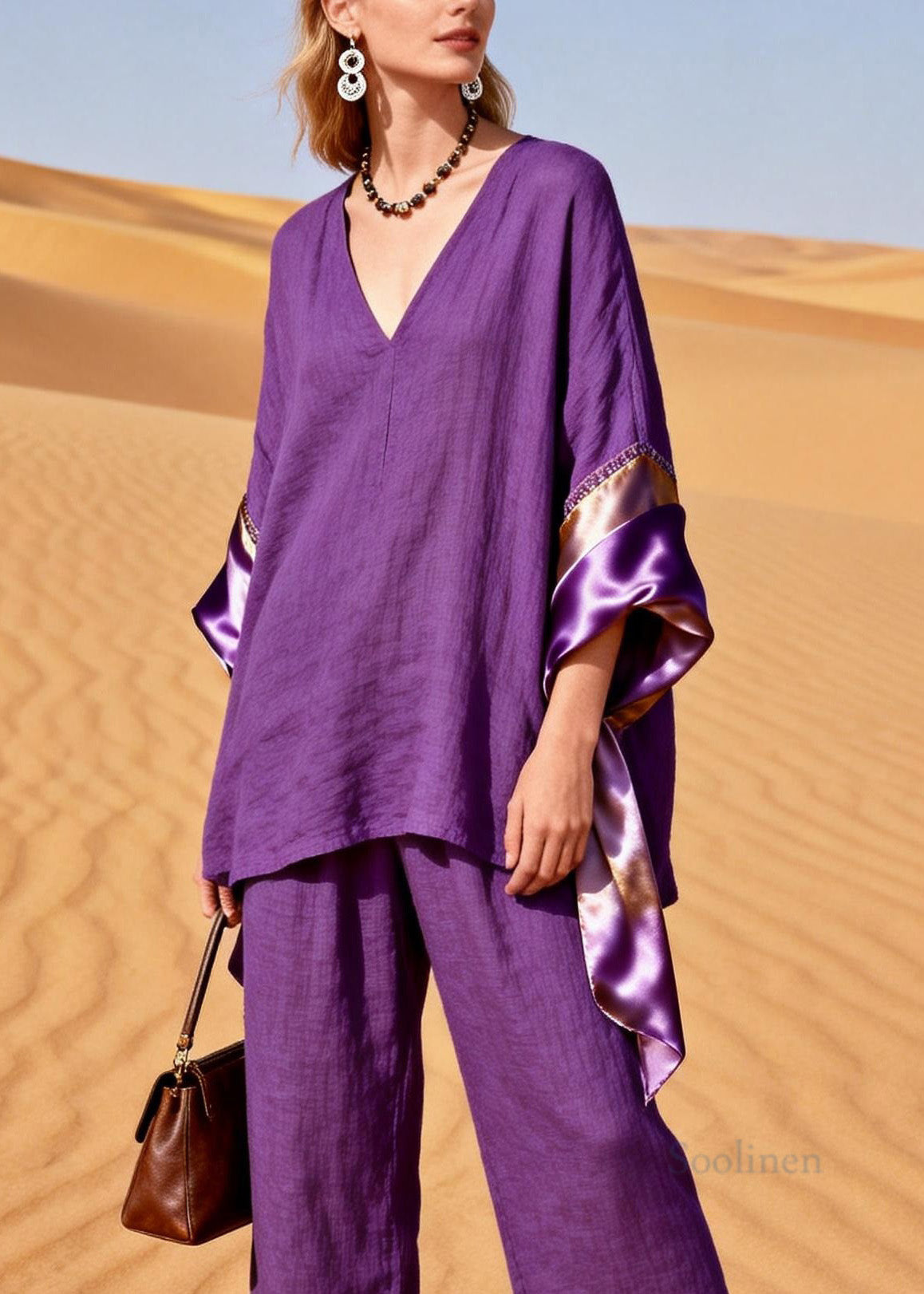 Women Purple V Neck Silk Patchwork Linen Two Pieces Set Summer