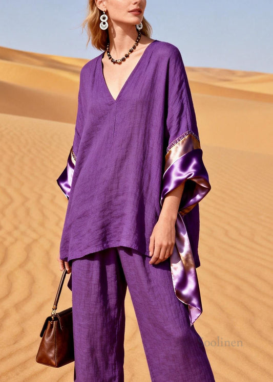 Women Purple V Neck Silk Patchwork Linen Two Pieces Set Summer
