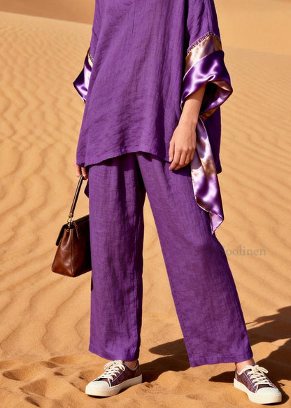 Women Purple V Neck Silk Patchwork Linen Two Pieces Set Summer
